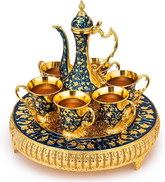 Vintage Extra Large Turkish Coffee & Tea Pot Set for 6 by Gute with Large Crystal Tray & Teapot Gold with Shiny Crystal (Blue) 480ml - 6 Vintage Moroccan Tea Glasses 230ml Teacups Gold