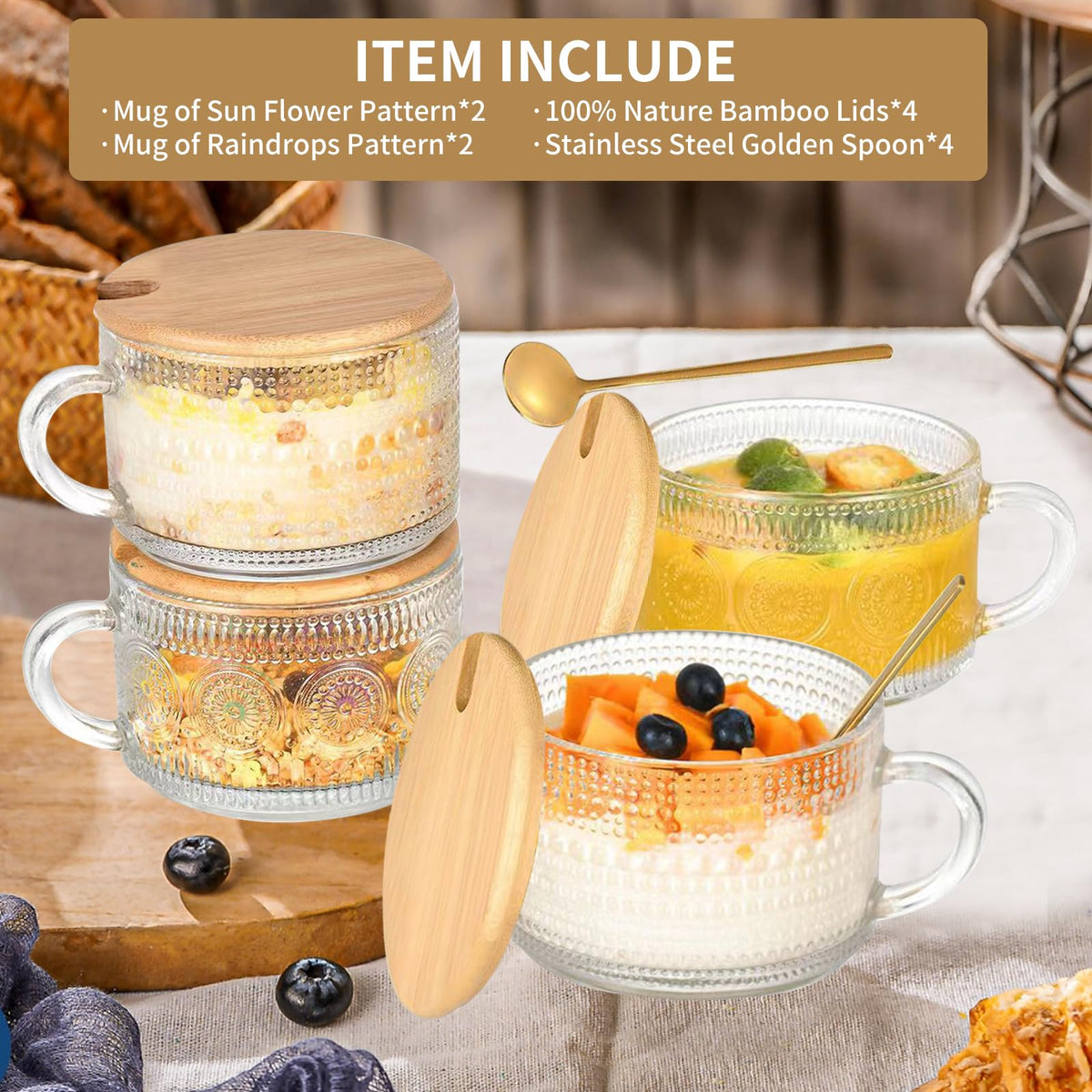 Glass mug with embossed sunflower pattern and mandala-style border