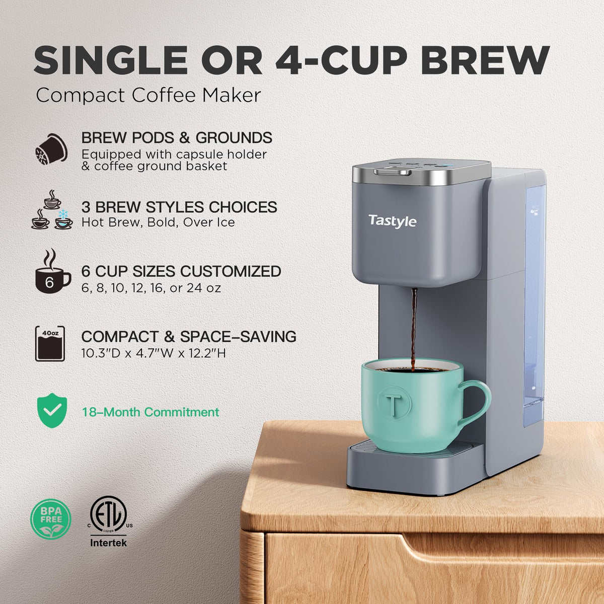 Single serve coffee maker front view with 3 brew style options