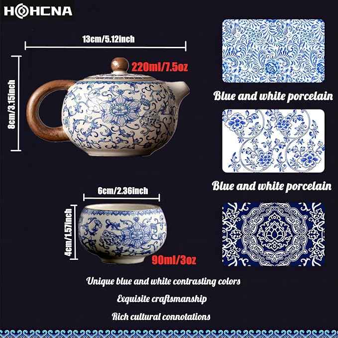 Floral Tea Pot & Tea Cup Set, Classic Blue and White Porcelain, Ice Crack Glaze, Chinese Kungfu Teapot and Teacups Set, Gift Box Packaging