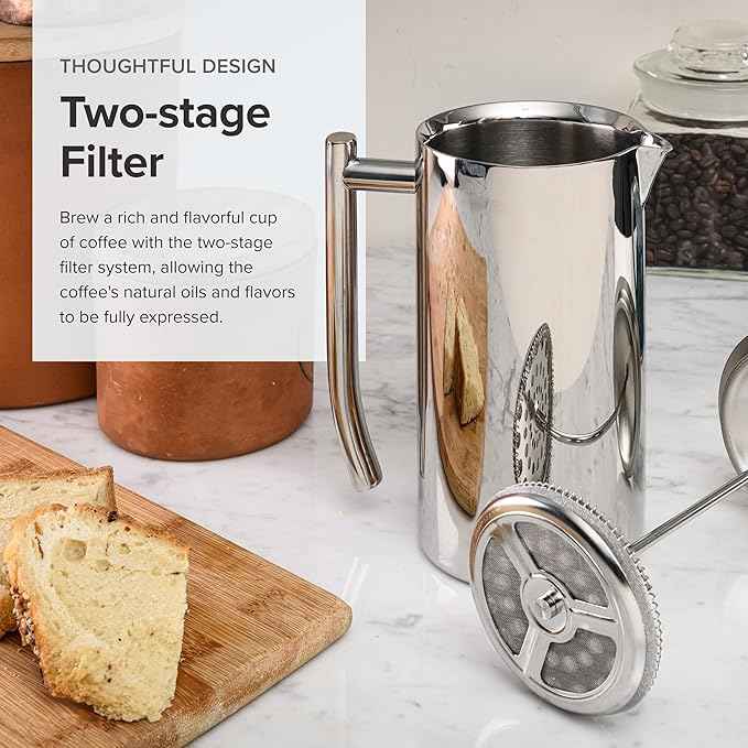 Frieling Double-Walled Stainless-Steel French Press Coffee Maker, Polished, 36 Ounces