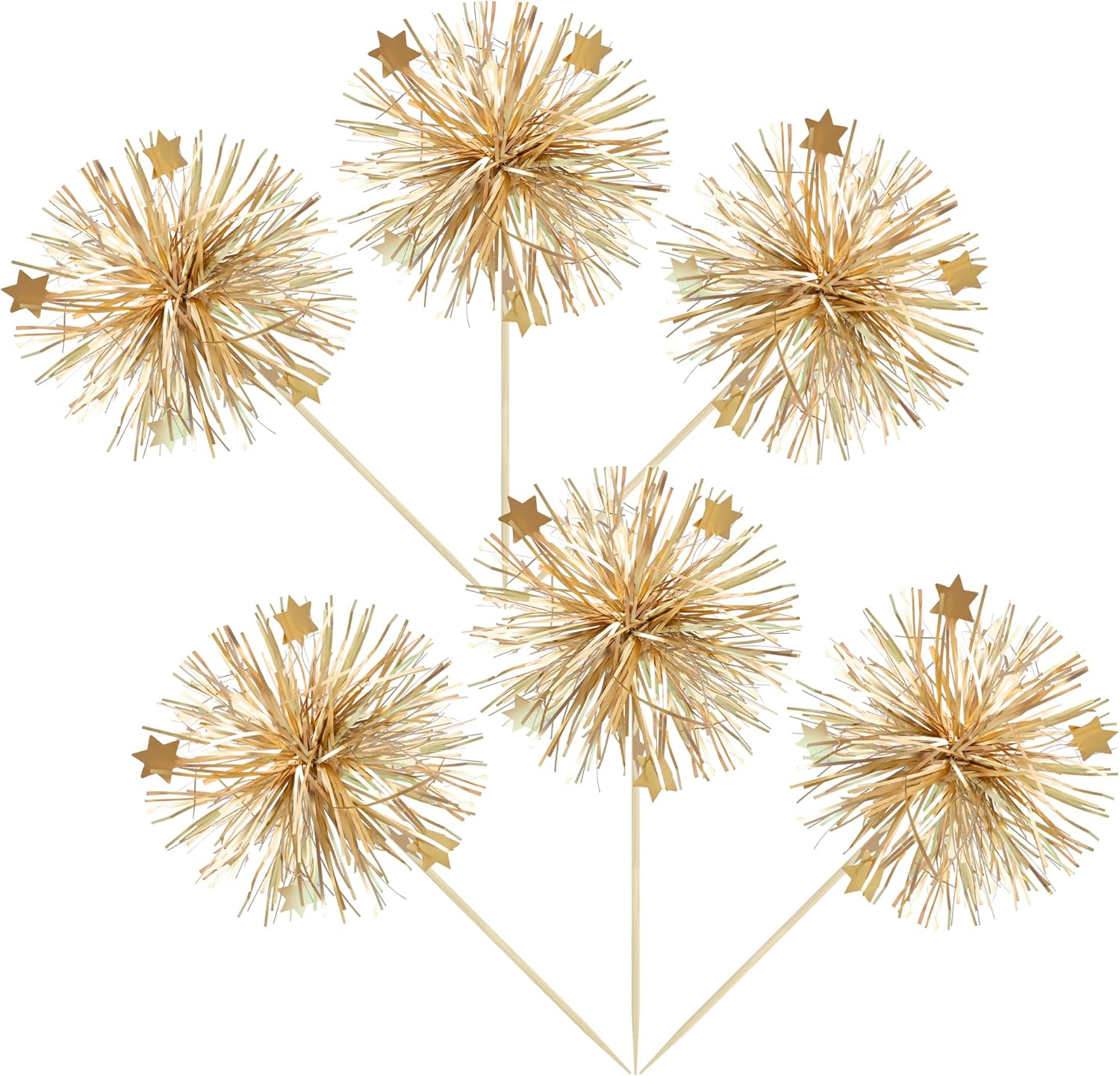 Ephlyn 30Pcs Foil Firework Cupcake Toppers Party Birthday Cake Toppers Supplies Sparkle Tinsel Cocktail Fruit Toothpick for Birthday Wedding Graduation Party Supplies Gold