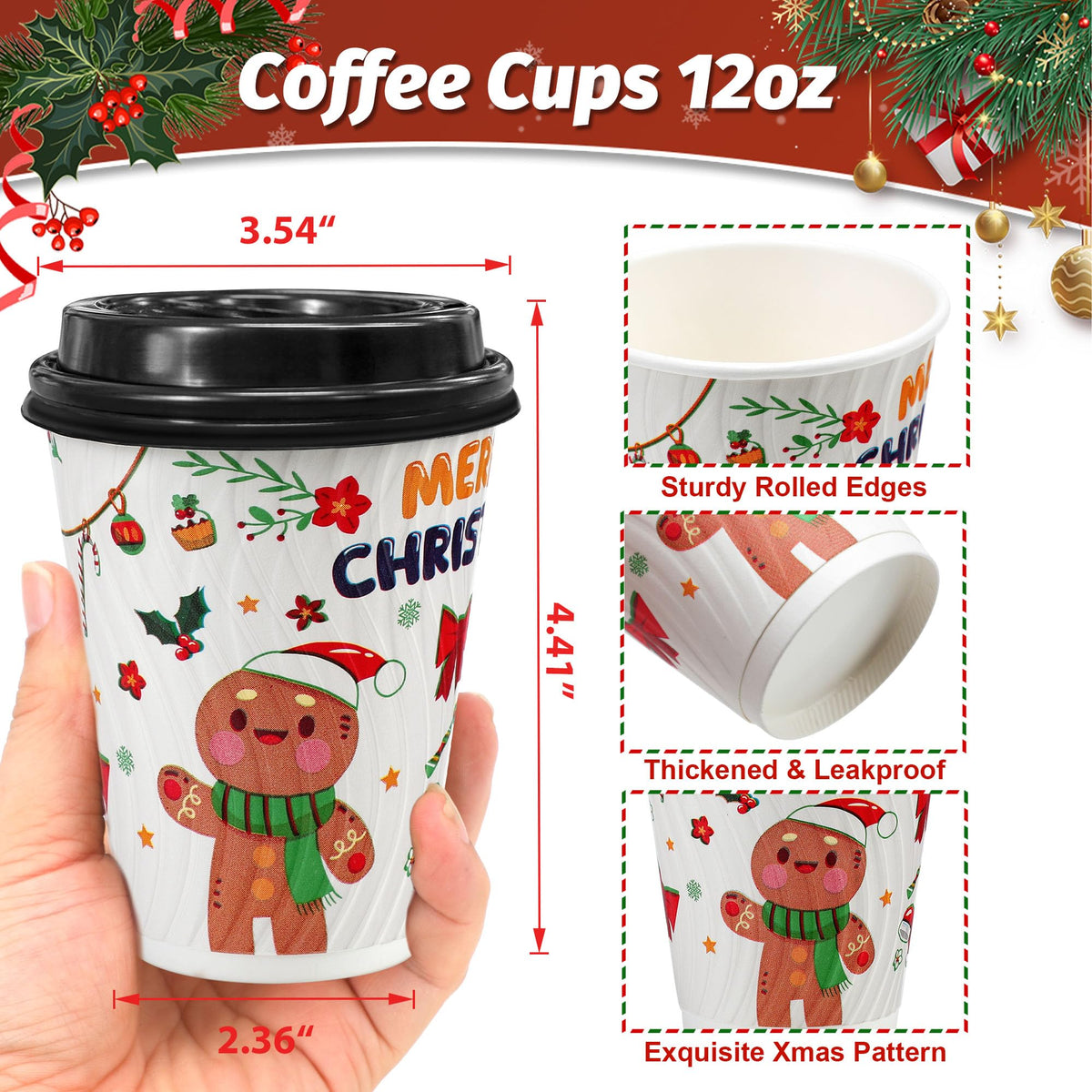 Holiday print paper coffee cup with lid