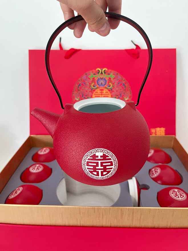 Red Chinese Wedding Tea Set - Traditional Ceramic Double Happiness Tea Ceremony Set with 1 Teapot, 8 Teacups, Gift Box - Chinese Tea Set for Engagements, Bridal Showers and Couples' Gifts