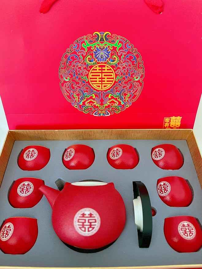 Red Chinese Wedding Tea Set - Traditional Ceramic Double Happiness Tea Ceremony Set with 1 Teapot, 8 Teacups, Gift Box - Chinese Tea Set for Engagements, Bridal Showers and Couples' Gifts