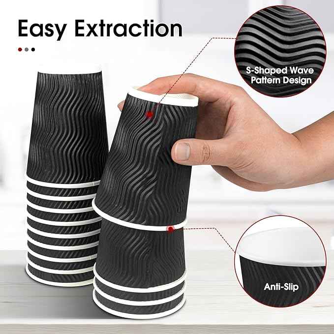 Ginkgo 100 Pack 12 oz Disposable Coffee Cups with Lids, To-Go Paper Coffee Cups for Hot Beverage, Chocolate and Cocoa, Coffee Bar Accessories - Black