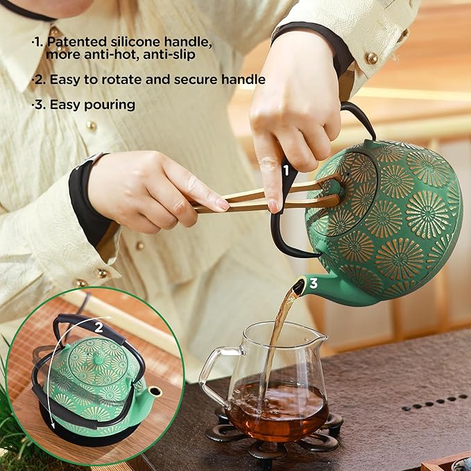 Cast Iron Teapot, 40oz Tea Kettle with Infuser for Stove Top, Sakura Design Japanese Tea Pot for Loose Leaf Coated with Enameled Interior, Silicone Handle 1200ml Pink