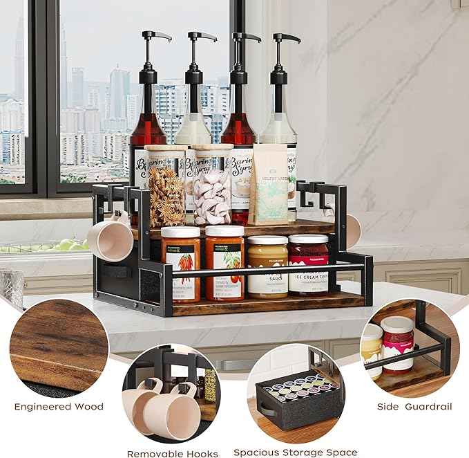 Coffee Syrup Organizer Rack, 2-Tier Coffee Bar Accessories, Bottle Holder Stand with K Cup Storage Drawer for Coffee bar, Wine Rack, Storage Shelves for Syrup. (Rustic Brown)