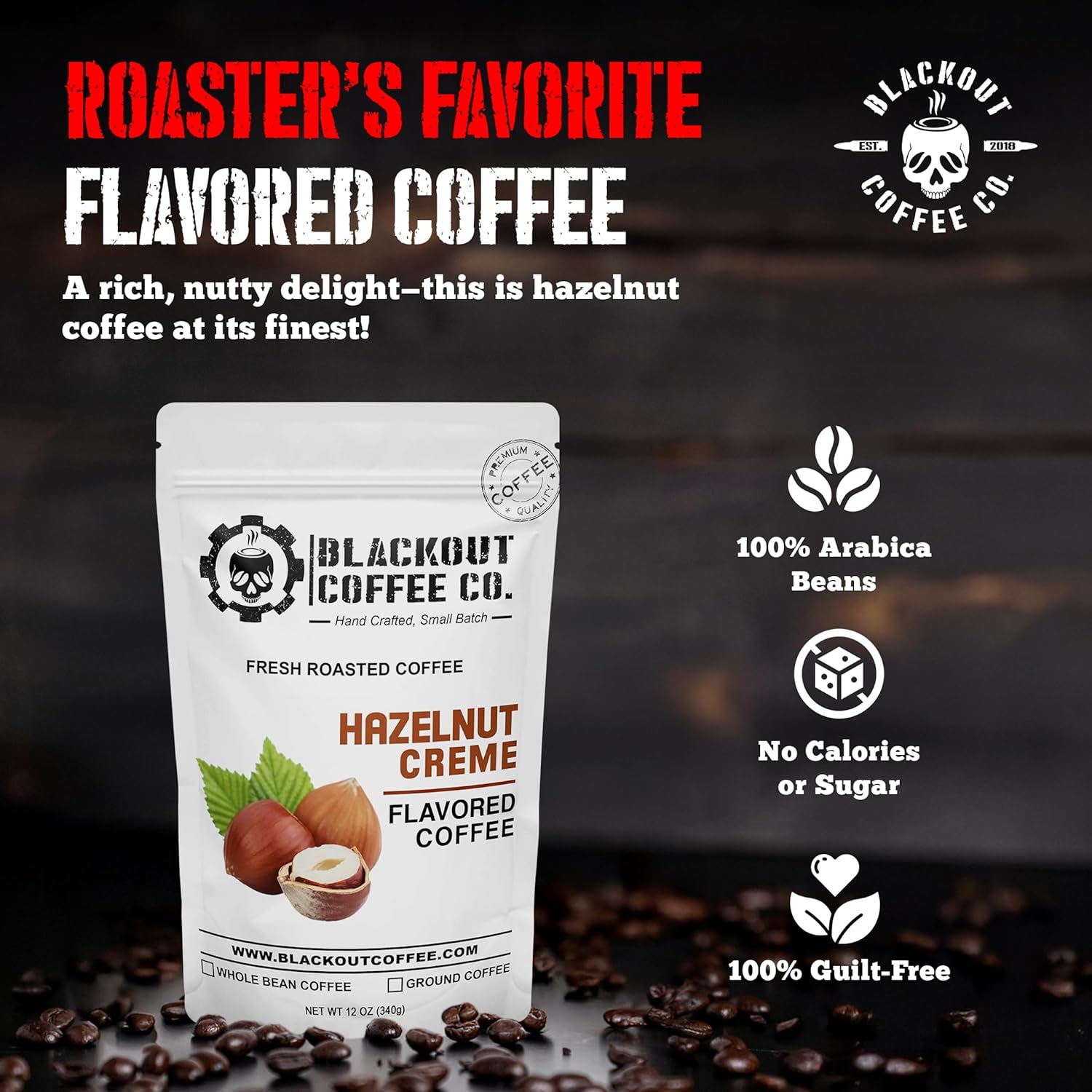 Blackout Coffee Hazelnut Creme Flavored - Freshly Roasted in the USA - 12 oz Ground Coffee Pouch