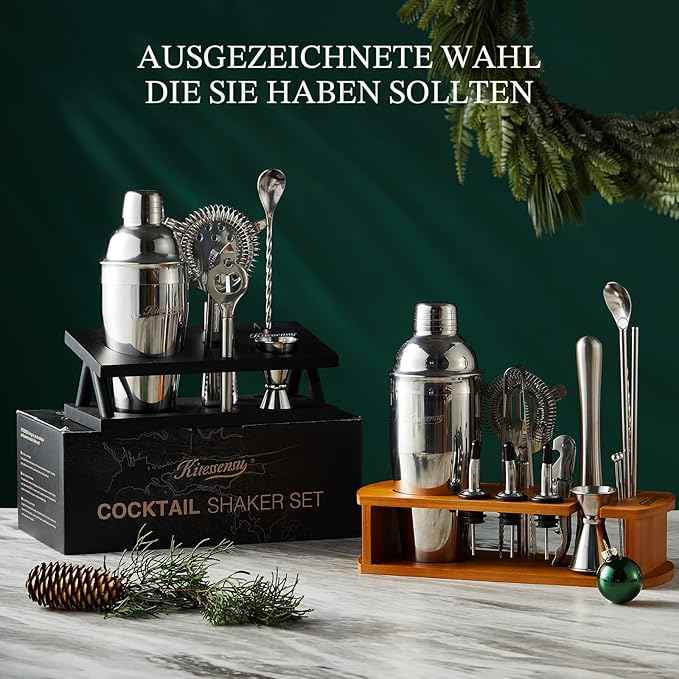 KITESSENSU Cocktail Shaker Set Bartender Kit, 6-Piece Silver Bar Set with Stand, Bar kit with Essential Bar Accessory Tools: Martini Shaker, Jigger, Strainer, Bar Spoon, Tongs, Opener
