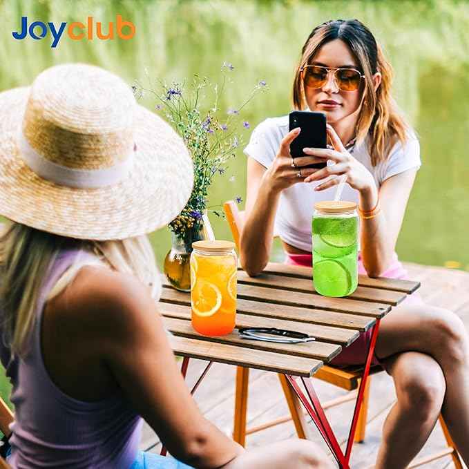 Joyclub 20 Set Glass Cups with Bamboo Lids and Glass Straws 16oz Can Shaped Reusable Iced Coffee Glasses Bulk Set Drinking Jars wholesale for Party Weddings Cafes Boba Shops Gifts DIY