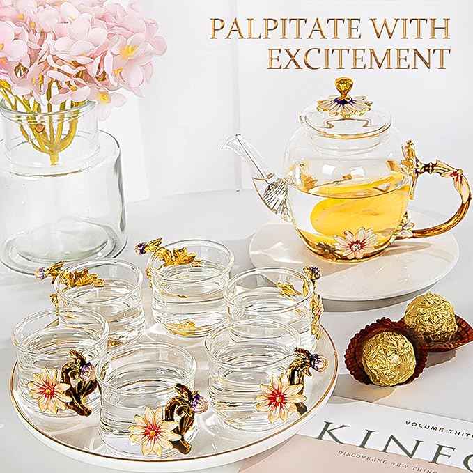 xixi-home Floral Glass Tea Set for Women,Chrysanthemum Glass Tea Kettle Set 7 Pcs,Flower Teapot Set Vintage Coffee Cup Set Fashion Ladies Tea Set Mother's Day Gift-Exquisite Gift Box