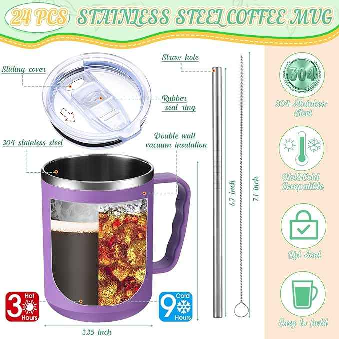 24 Sets Employee Appreciation Coffee Mug Gift 17oz Insulated Stainless Steel Tumbler with Handle and Keychains Thank You Gift for Coworkers Teacher