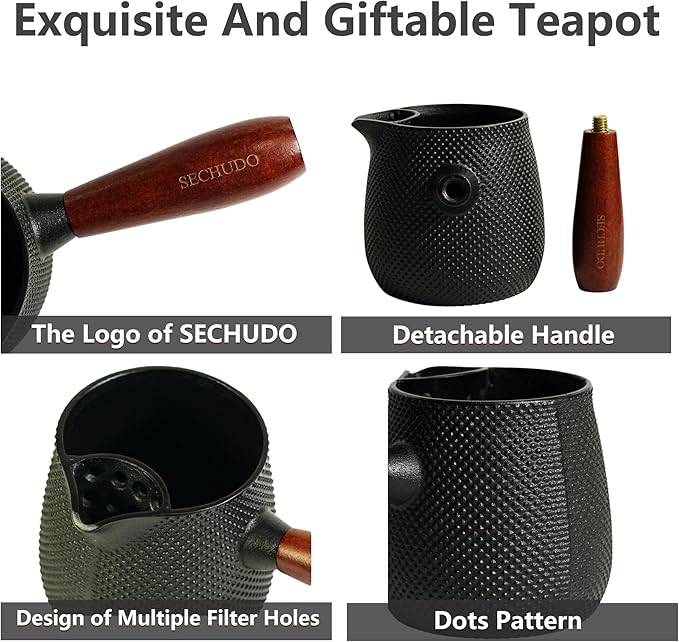Small Cast Iron Teapot, Japanese Tea Kettle without Lid, 20.3 fl oz Tea Set with Stainless Steel Teacups, Tea Ball for Loose Leaf, Wooden Side-handle Tea Pot for Stovetop Safe(600ml)