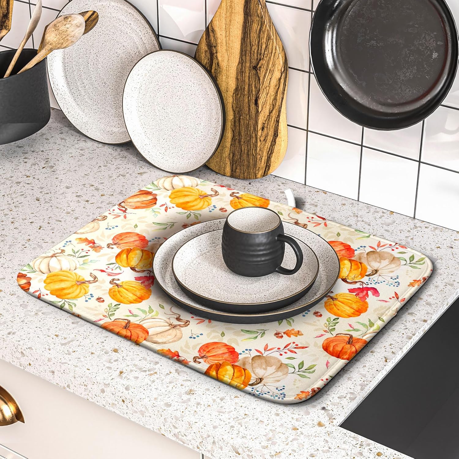 Autumn Fall Dish Drying Mat for Kitchen Counter Watercolor Pumpkin Maple Leaves Drying Mat 16 x 18 Inch with Absorbent Reversible Microfiber Dish Drying Pad Dish Rack Drainer Mat for Coffee Bar