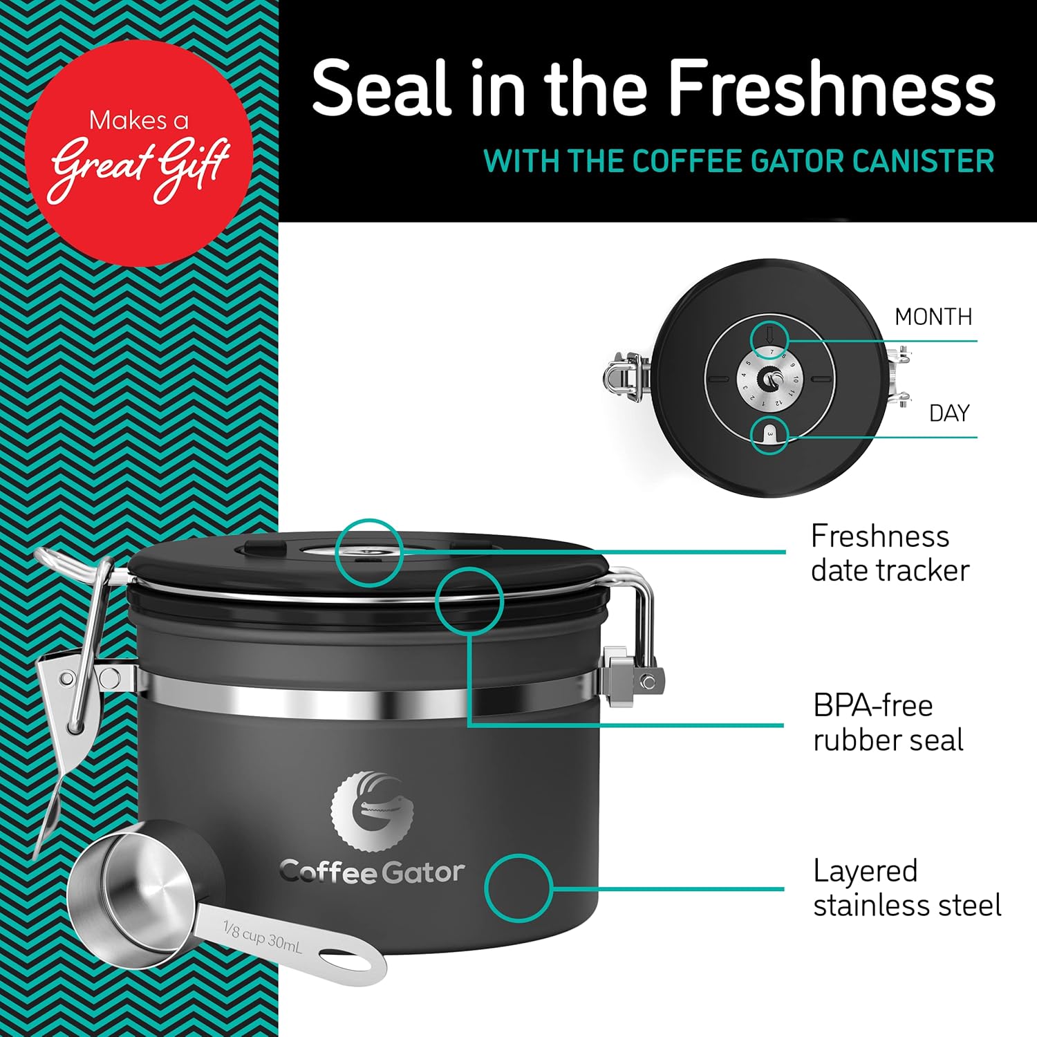 Coffee Gator Coffee Canister, 11oz Airtight Stainless Steel Kitchen Food Storage Container with Date Tracker, CO2-Release Valve and Scoop for Sugar, Beans, Tea, Sugar, Cereal, Cookies Jars - Black