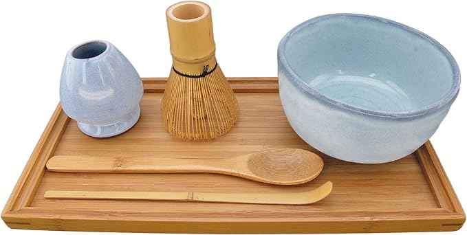 BambooMN Brand - Matcha Bowl Set (Includes Bowl, Rest,Tea Whisk, Chasaku, Tea Spoon & Tray) 1 Set Shimmering Blue