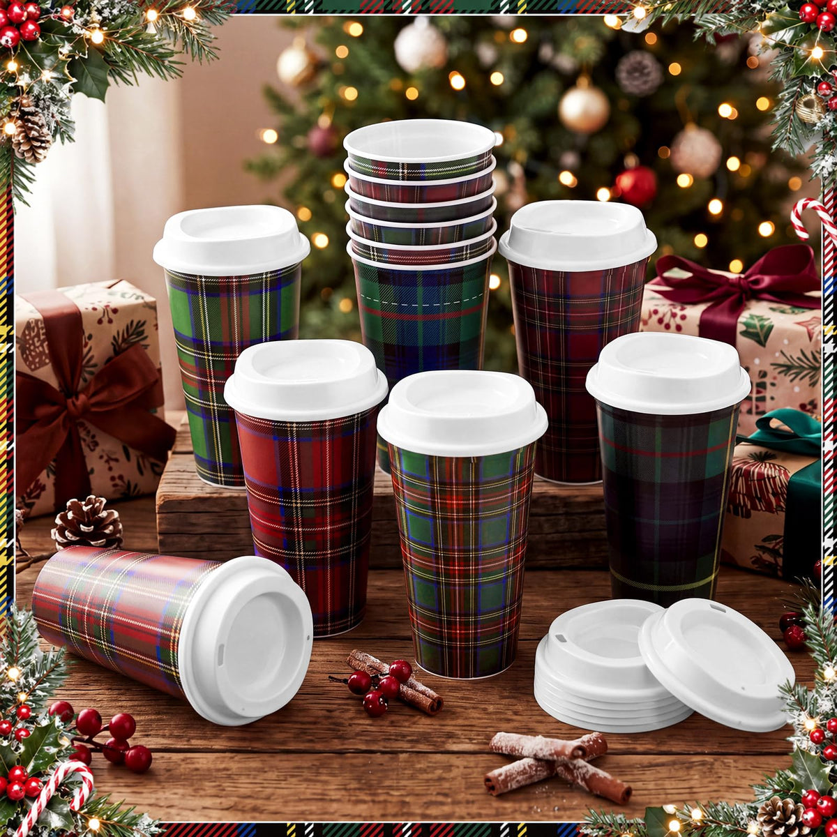 Set of 6 holiday plaid cup styles in red, green and blue