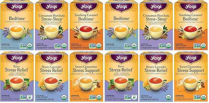 Yogi Tea Stress Relief & Herbal Tea Variety Pack - 16 Bags per Pack (12 Packs) - Organic Herbal Sampler - Includes Bedtime, Kava Stress Relief, Soothing Caramel Bedtime & More