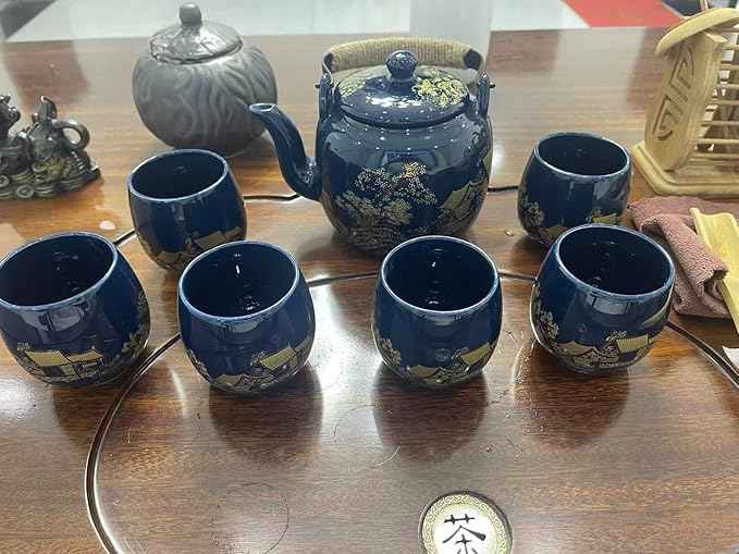 Gift Set Japanese Tea Set, Asian Black Glazed Ceramic Tea Set - Contains 1 Teapot, 1 Tea Strainer and 6 Teacups. Ideal for Home, Outdoor, Office (Blue2)