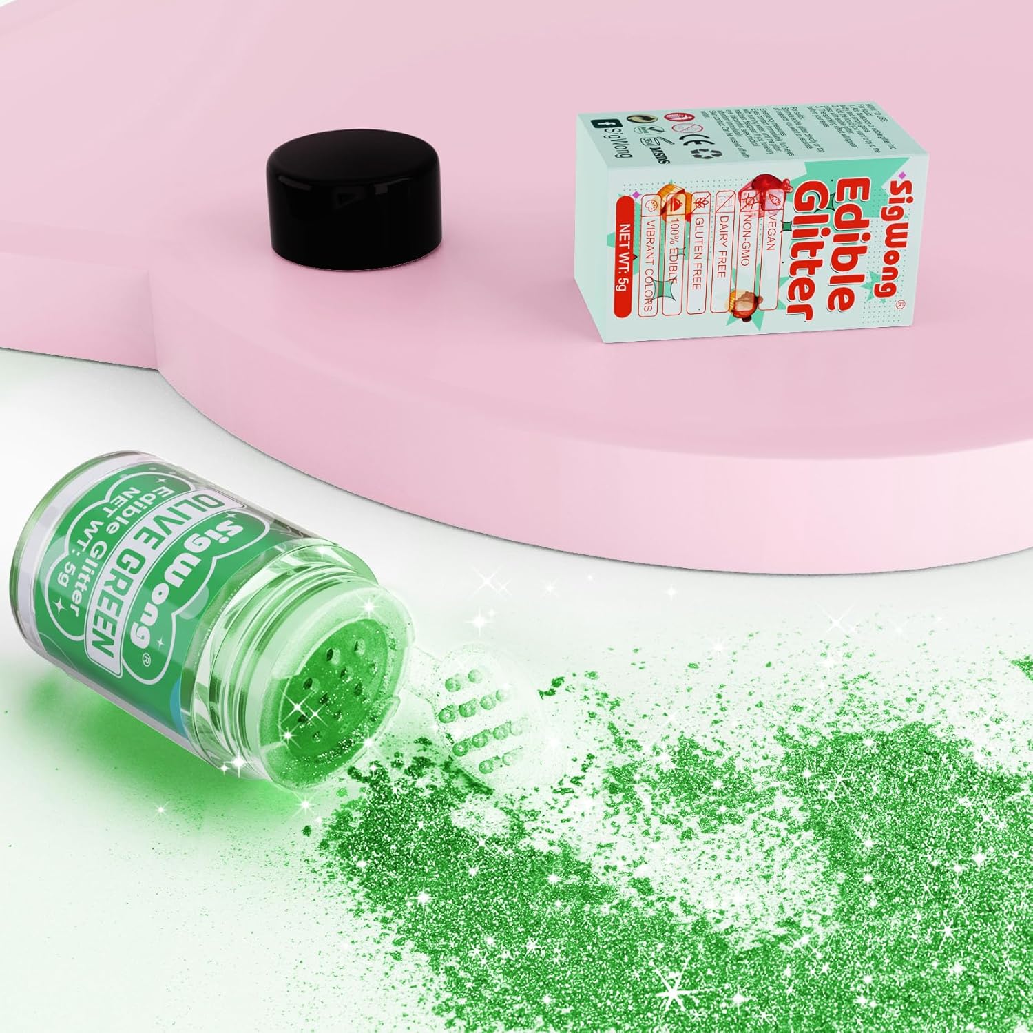 Olive Green Edible Glitter - 5g Food Grade Cake Decorating Shimmering Glitter, Edible Sprinkle Luster Dust for Drinks, Chocolates, Fondant, Strawberries, Cupcakes, Candy, Cookie - Vegan