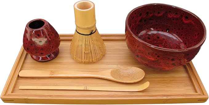 BambooMN Brand - Matcha Bowl Set (Includes Bowl, Rest,Tea Whisk, Chasaku, Tea Spoon & Tray) 1 Set Deep Red w/Black