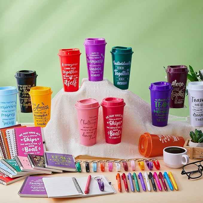 Skylety 48 Set/ 192 Pcs Team Appreciation Gifts Bulk Team Thank You Gift Set 16 oz Coffee Cups Thank You Mini Spiral Notebooks Pens Keychains for Staff Teacher(Classic Color)