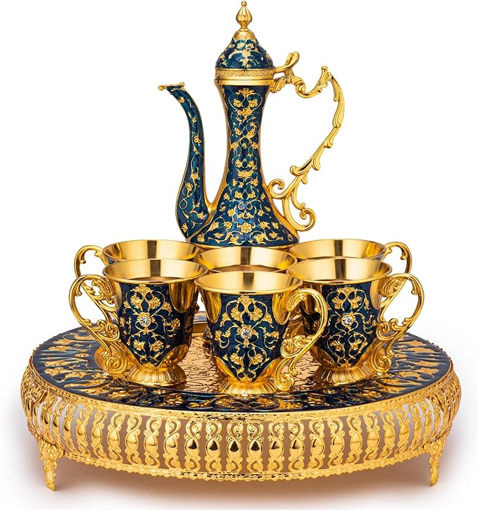 Vintage Extra Large Turkish Coffee & Tea Pot Set for 6 by Gute with Large Crystal Tray & Teapot Gold with Shiny Crystal (Blue) 480ml - 6 Vintage Moroccan Tea Glasses 230ml Teacups Gold