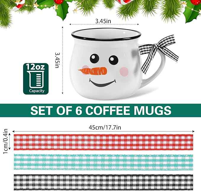 Sawysine Christmas Coffee Mugs Set of 6, 12 oz Ceramic Mug Gift Holiday Hot Cocoa for Family Mom Woman Friend Farmhouse(Snowman Style)