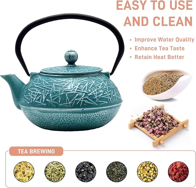 Cast Iron Tea Kettle,SECHUDO Teapot Coated with Enameled Interior for Loose Tea,Cast Iron Teapot with Stainless Steel Infuser for Stovetop Safe (30.4oz-Pattern-5)