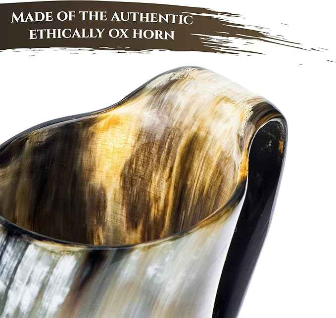 Viking Drinking Horn Mug, 15-20 Oz Natural Ox Horn Cup & Cofee Stein | Cool Unique Gift for Men and Women, Home Decor Accessories | Shot Glasses for Beer, Ale, Whiskey, Mead