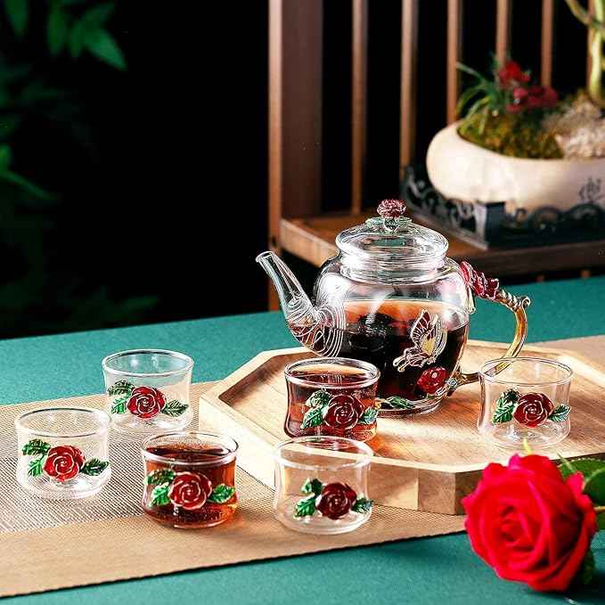 7 Pcs Floral Glass Tea Set for Women 14 oz Butterfly Vintage Teapot Set for Adults Glass Tea Gift for Valentine Spring Party Mother's Day Girlfriend Fancy Pot Cups with Gift Box(Red)