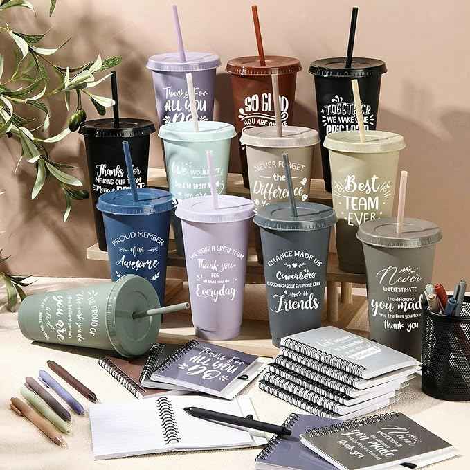 Shellwei 36 Pcs Employee Appreciation Gifts Bulk 24 oz Thank You Tumbler with Lid and Straw Mini Spiral Notebooks and Pens Appreciation Gifts for Team Employee Coworkers Teacher (Bright)