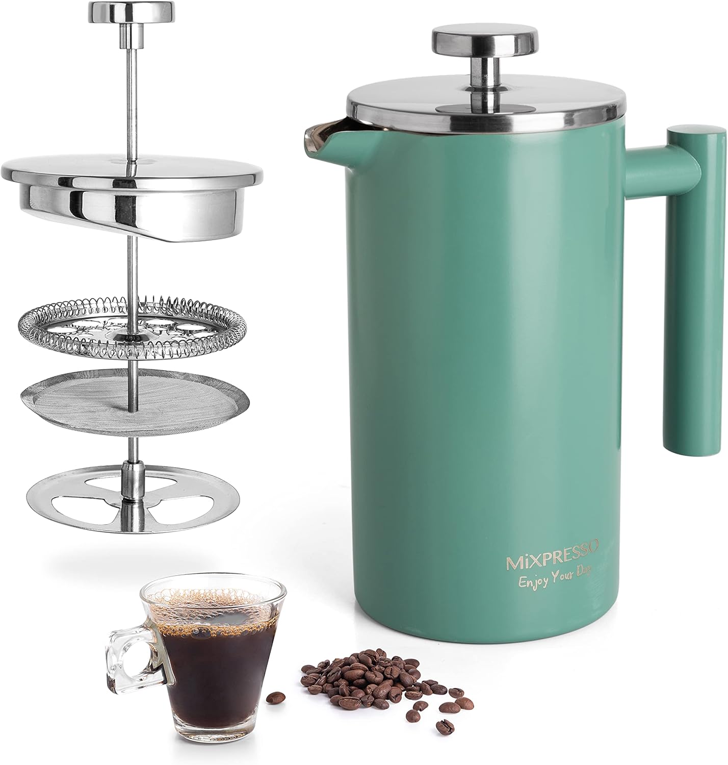 Mixpresso Green Stainless Steel French Press Coffee Maker 26 Oz 770 Ml, Double Wall Insulated French Press Stainless Steel, Easy Clean Tea Brewer, Easy Press Durable Metal Coffee Press - Blissbrew