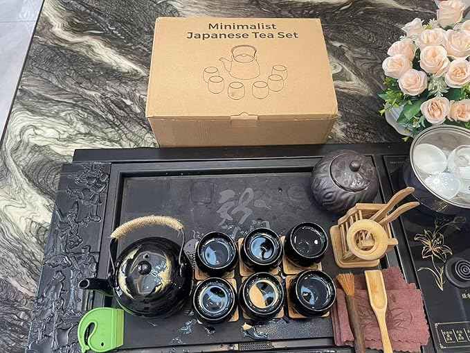 Gift Set Japanese Tea Set, Asian Black Glazed Ceramic Tea Set - Contains 1 Teapot, 1 Tea Strainer and 6 Teacups. Ideal for Home, Outdoor, Office (Black1)