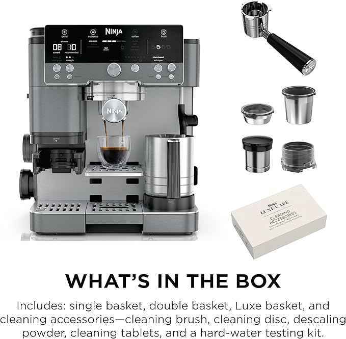 Ninja Luxe Cafe Premier Series, Espresso Machine, Drip Coffee, Rapid Cold Brew, Integrated Grinder, Hands-Free Frother, with Knock Box, Water Filter, Cleaning Tablets, Descaler, ES601GM