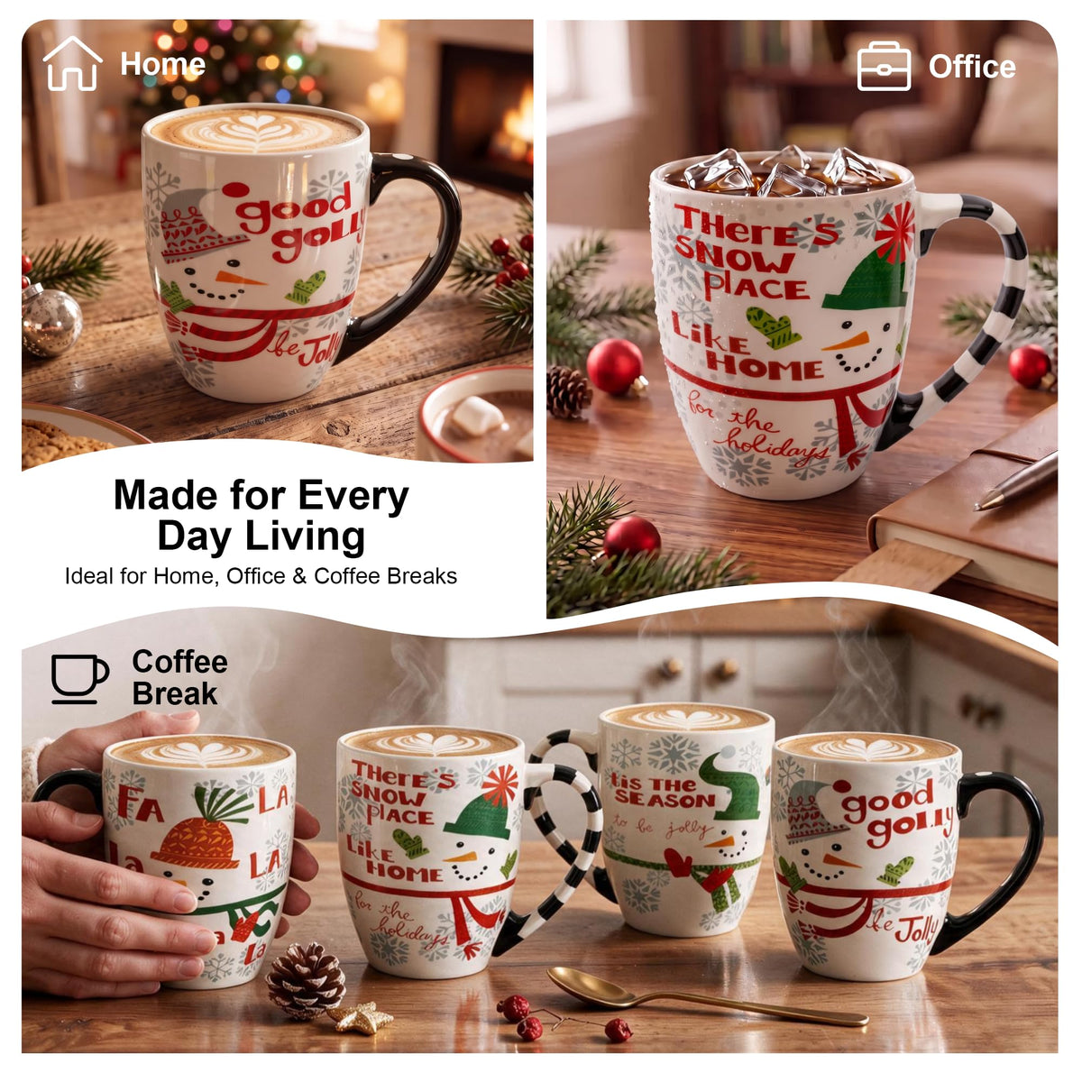 Four coordinating Christmas mugs together