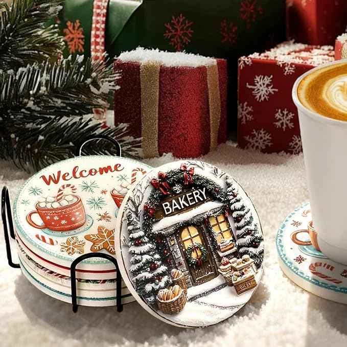 Christmas Drink Coasters Set of 6 with Black Holder and Cork Base, Absorbent Ceramic Coasters Round Decorative Coffee Table Decor for House Warming Gifts New Home