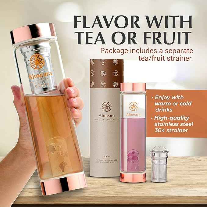 Almeara Crystal Water Bottle | Amethyst, Rose Quartz & Clear Quartz Crystals | Authentic Gemstones – Loose Leaf Tea infuser – Gem Elixir Infused Tempered Glass Water Bottle - Gift ready box - 16.9 oz
