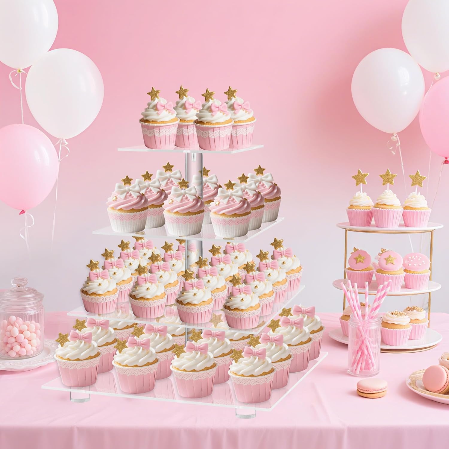 YestBuy 4 Tier Acrylic Cupcake Stand with Base, Premium Cupcake Holder, Acrylic Cupcake Tower Display Cady Bar Party Décor – Display for Pastry(4.7" Between 2 Layers)…