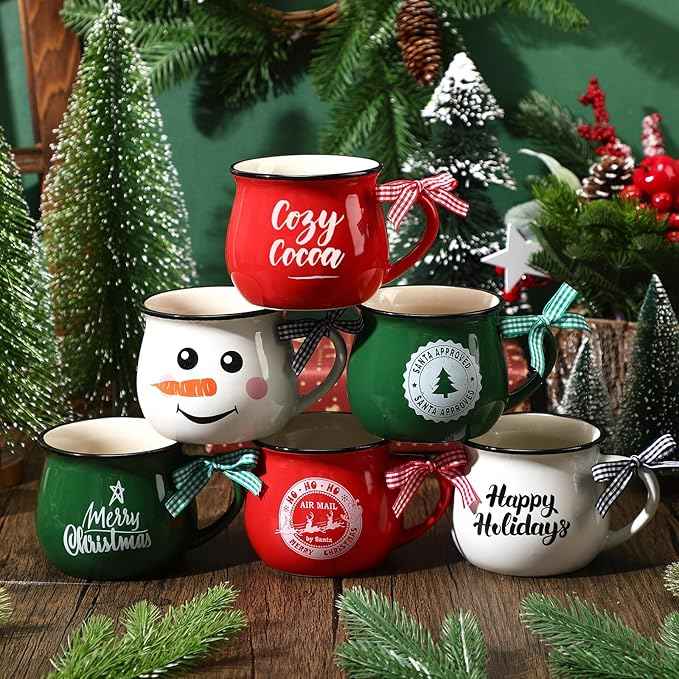 Sawysine Christmas Coffee Mugs Set of 6, 12 oz Ceramic Mug Gift Holiday Hot Cocoa for Family Mom Woman Friend Farmhouse(Snowman Style)