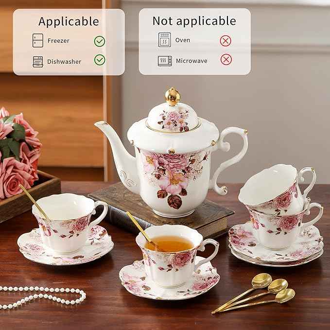 TATSUMI Country Roses Porcelain Tea Set, European Ceramic tea set for adults,Vintage Style, For Women and Tea Parties (Chocolate Red, 13 Pieces Set)