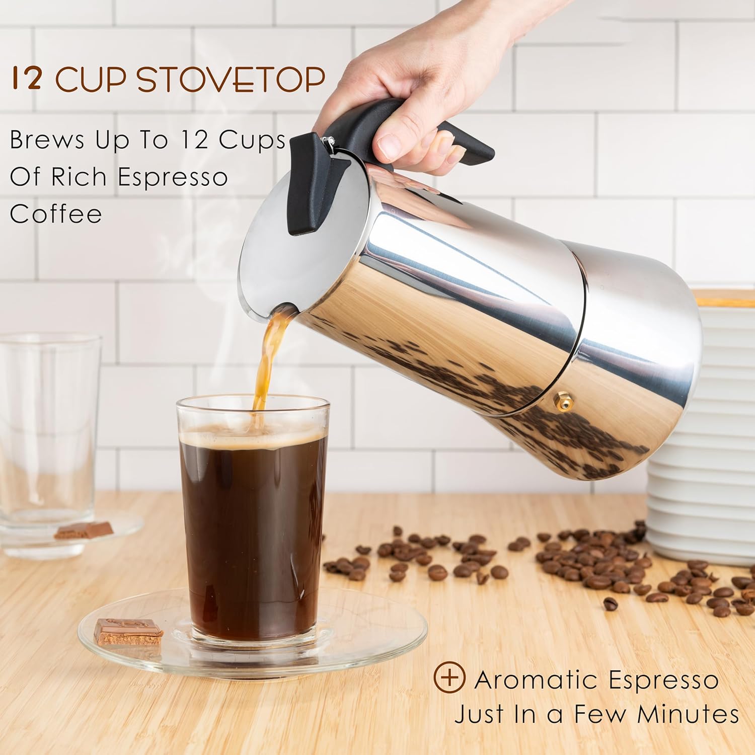 Mixpresso 12 Cup Greca Stovetop Espresso Pot 600ml/20oz, Moka Pot with Coffee Percolator Design, Stainless Steel Stove Top Coffee Maker for Camping or Home Use,Italian Stovetop Espresso Maker