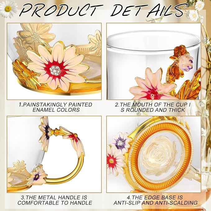 7 Pcs Floral Tea Set for Women, Vintage Flower Teapot Set With Gift Box, Glass Tea Kettle, Fancy Cup, Mug With Coasters for Kitchen Family Gathering Home