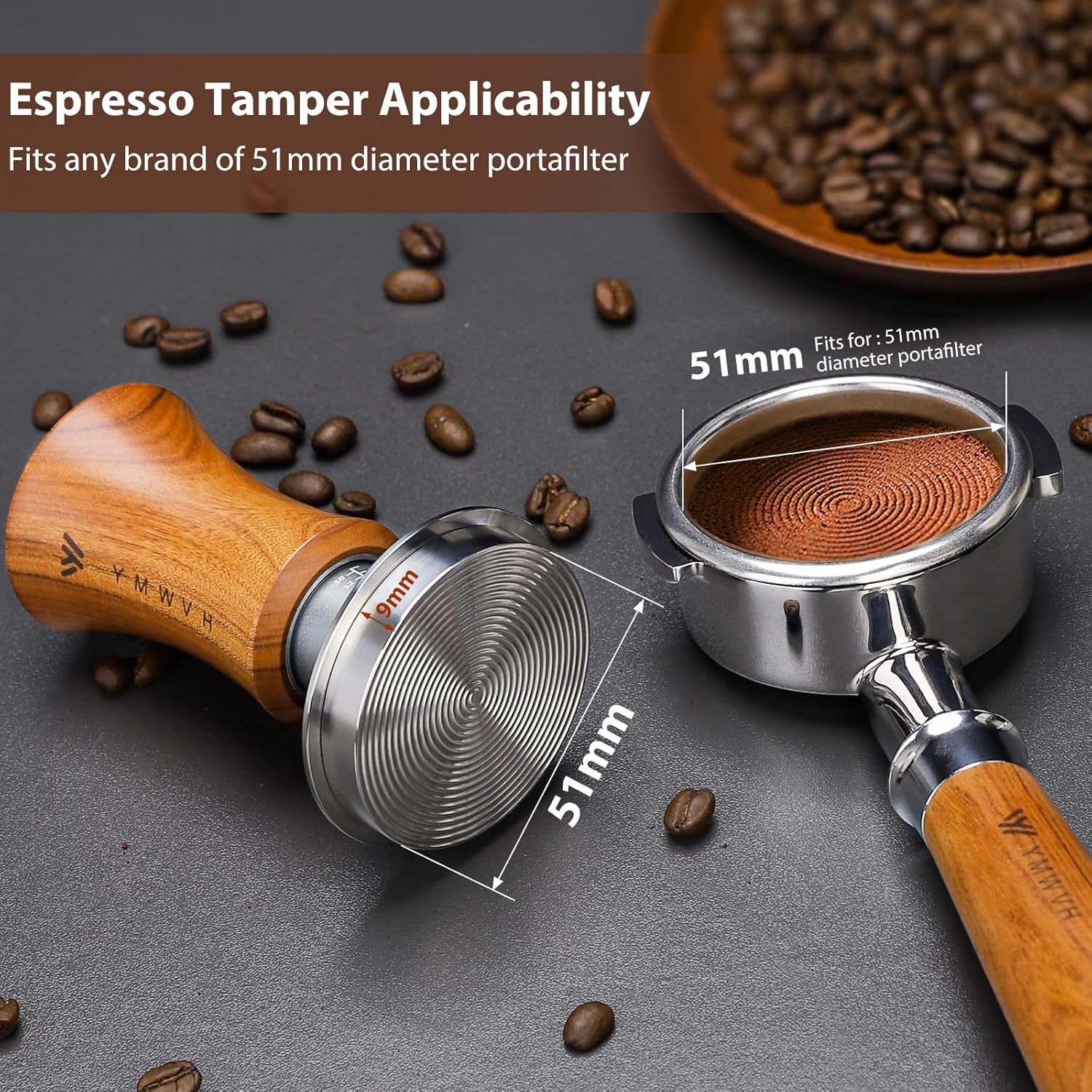 Espresso Tamper, 51MM 2 Spring-Loaded Calibrated Tamper with Stainless Steel Ripple Base, Walnut Wooden-Handle Tamper Compatible with Espresso Coffee Machine 51MM Diameter Portafilter