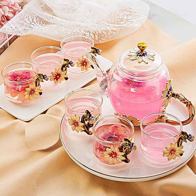 xixi-home Floral Glass Tea Set for Women,Chrysanthemum Glass Tea Kettle Set 7 Pcs,Flower Teapot Set Vintage Coffee Cup Set Fashion Ladies Tea Set Mother's Day Gift-Exquisite Gift Box
