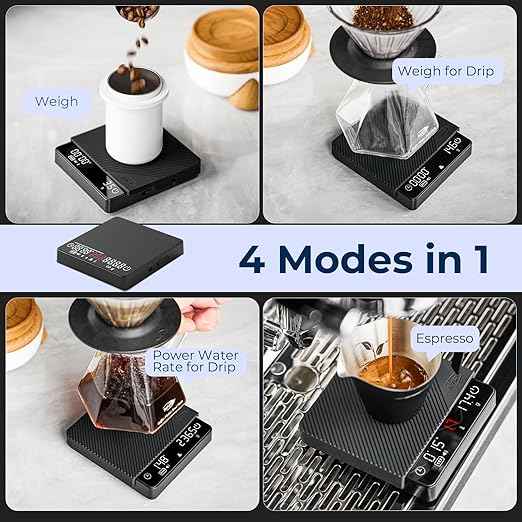 IKAPE Espresso Coffee Scale with Timer, 2kg/0.1g High Precision Digital Scale with Silicone Mat, 4 Modes in One, LED Display, Auto-Tare, for Kitchen, Cooking, Espresso, Pour Over Coffee