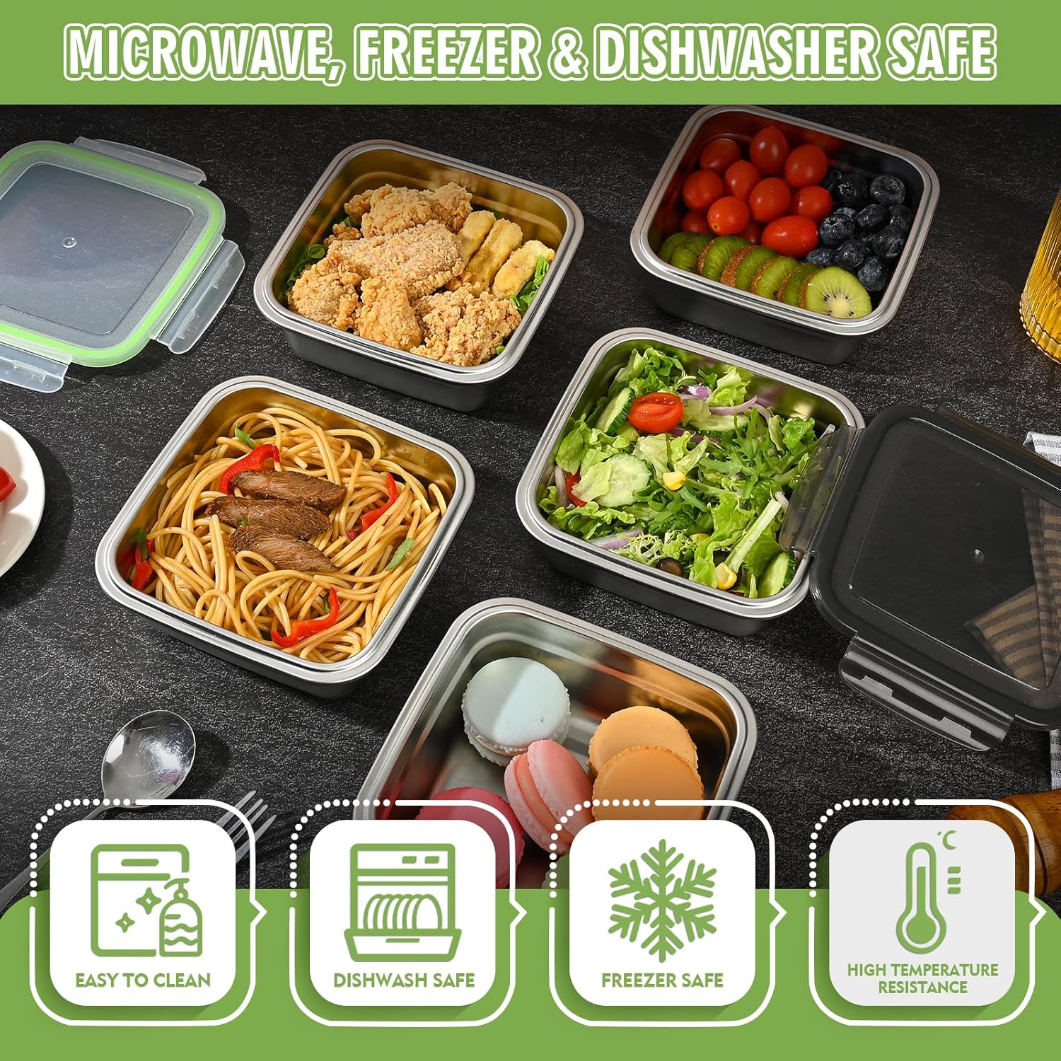 2 Pack Sandwich Containers, 24oz Stainless Steel Sandwich Box with Airtight Lids, Reusable Metal Meal Prep Lunch Boxes, BPA-Free, Dishwasher Safe, Food Storage Containers for Families (Black)