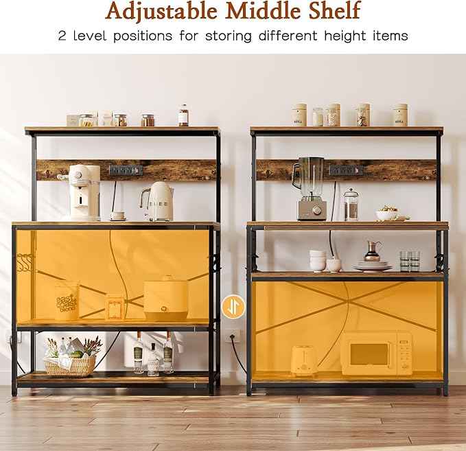 SUPERJARE Bakers Rack with Power Outlets, Microwave Stand, 39.4 X 14.3 Inch Larger Desktop, Kitchen Storage Rack with Adjustable Middle Shelf, 6 S-Shaped Hooks, Coffee Bar Stand, Rustic Brown