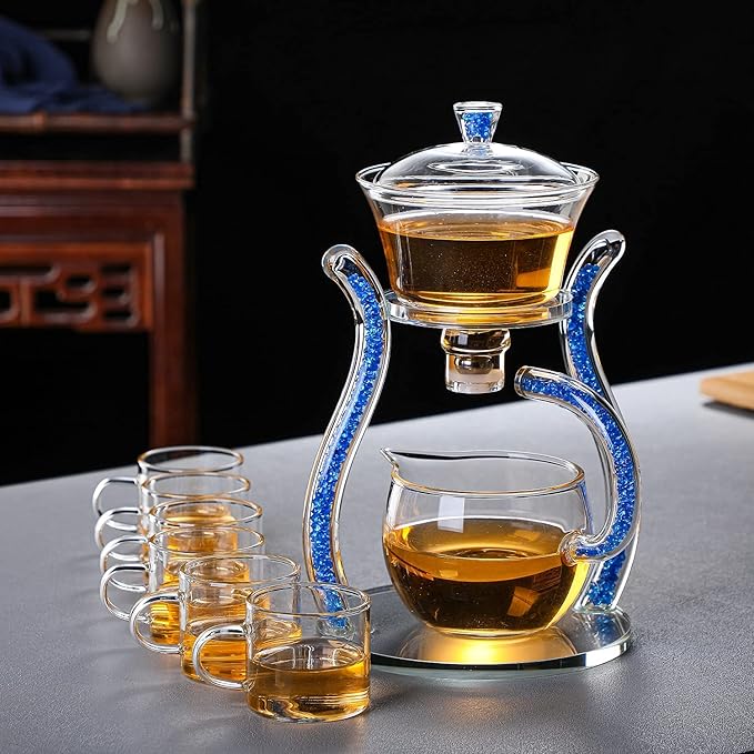 RORA Glass Teapot Set Semi Automatic Drip Rotating with Infuser Lazy Kungfu Tea pot Set (Blue)